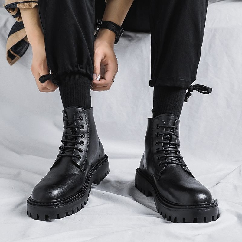 남성 하이탑 가죽 부츠 패션 영국 스타일 레트로 두꺼운 - Men'S Shoes To Increase Height 리뷰 및 가격