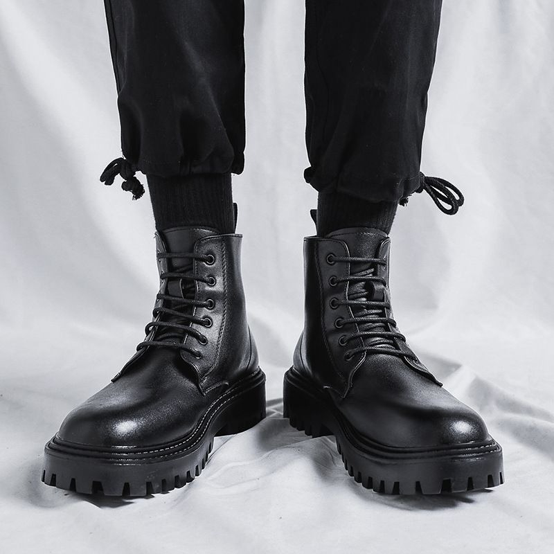 남성 하이탑 가죽 부츠 패션 영국 스타일 레트로 두꺼운 - Men'S Shoes To Increase Height 리뷰 및 가격