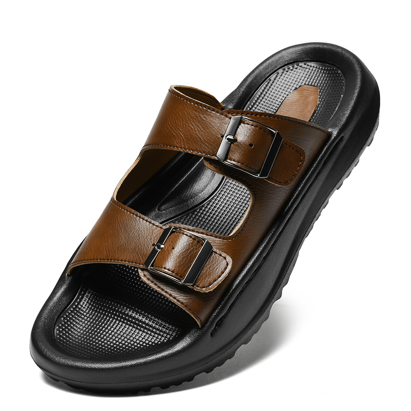 남성 슬립 온 샌들 가죽 슬리퍼 더블 버클 소프트 컴포 - Men'S Shoes With Velcro 리뷰 및 가격