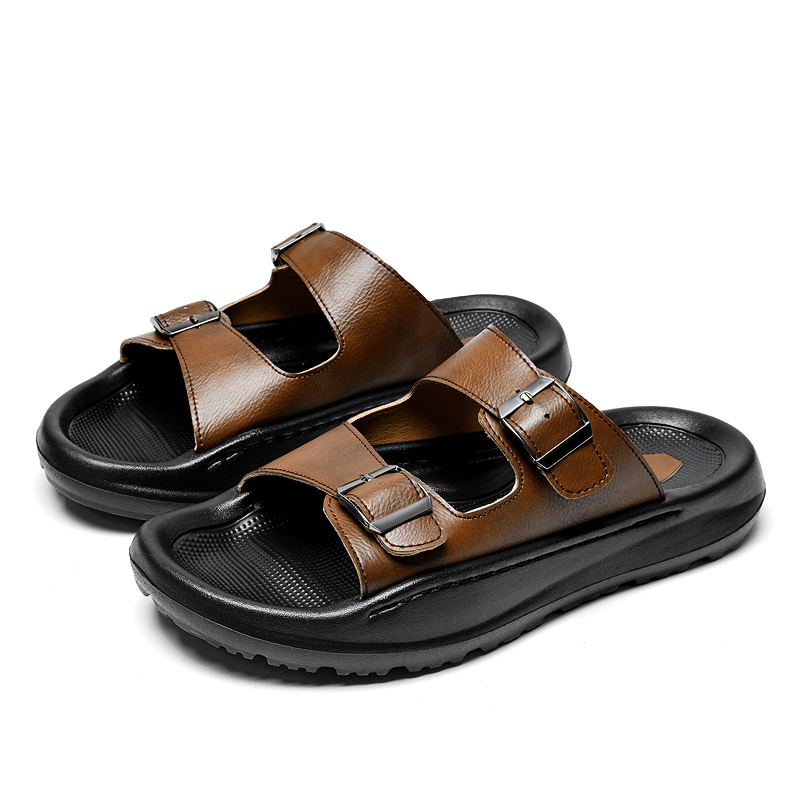 남성 슬립 온 샌들 가죽 슬리퍼 더블 버클 소프트 컴포 - Men'S Shoes With Velcro 리뷰 및 가격