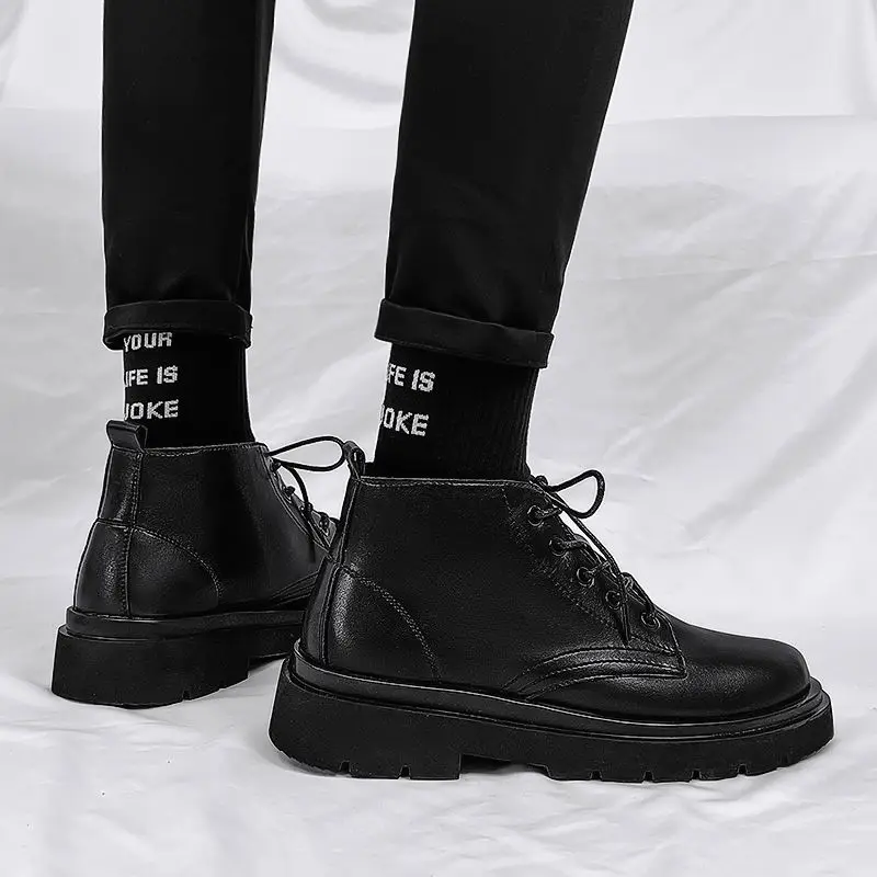 가죽 블랙 남성 하이탑 레이스업 부츠 가을 영국 스타일 - Men'S Shoes To Increase Height 리뷰 및 가격