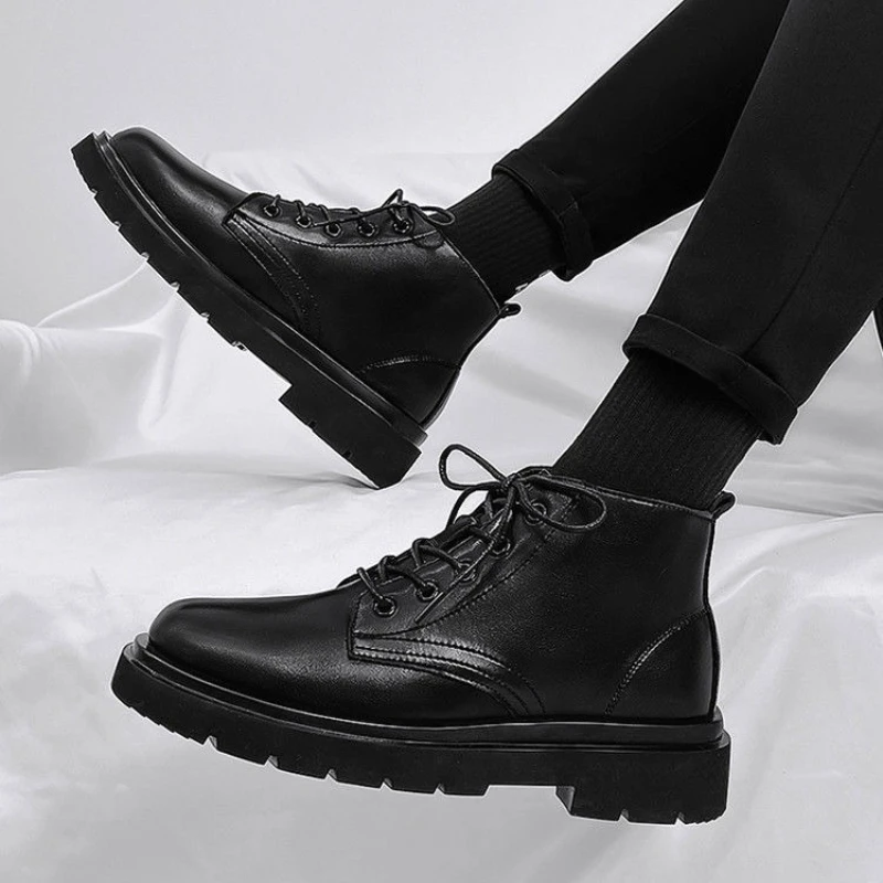 가죽 블랙 남성 하이탑 레이스업 부츠 가을 영국 스타일 - Men'S Shoes To Increase Height 리뷰 및 가격