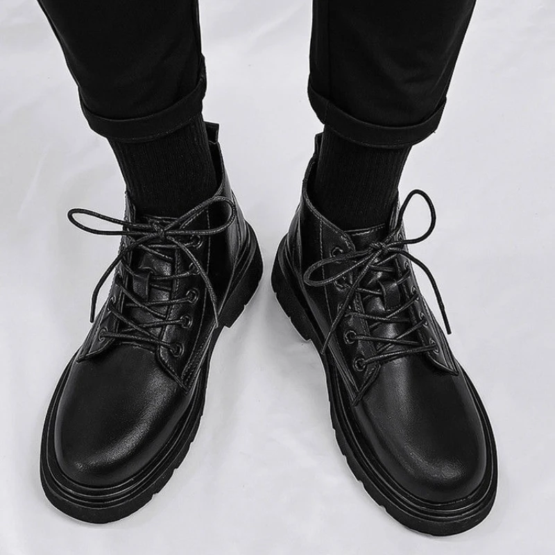 가죽 블랙 남성 하이탑 레이스업 부츠 가을 영국 스타일 - Men'S Shoes To Increase Height 리뷰 및 가격